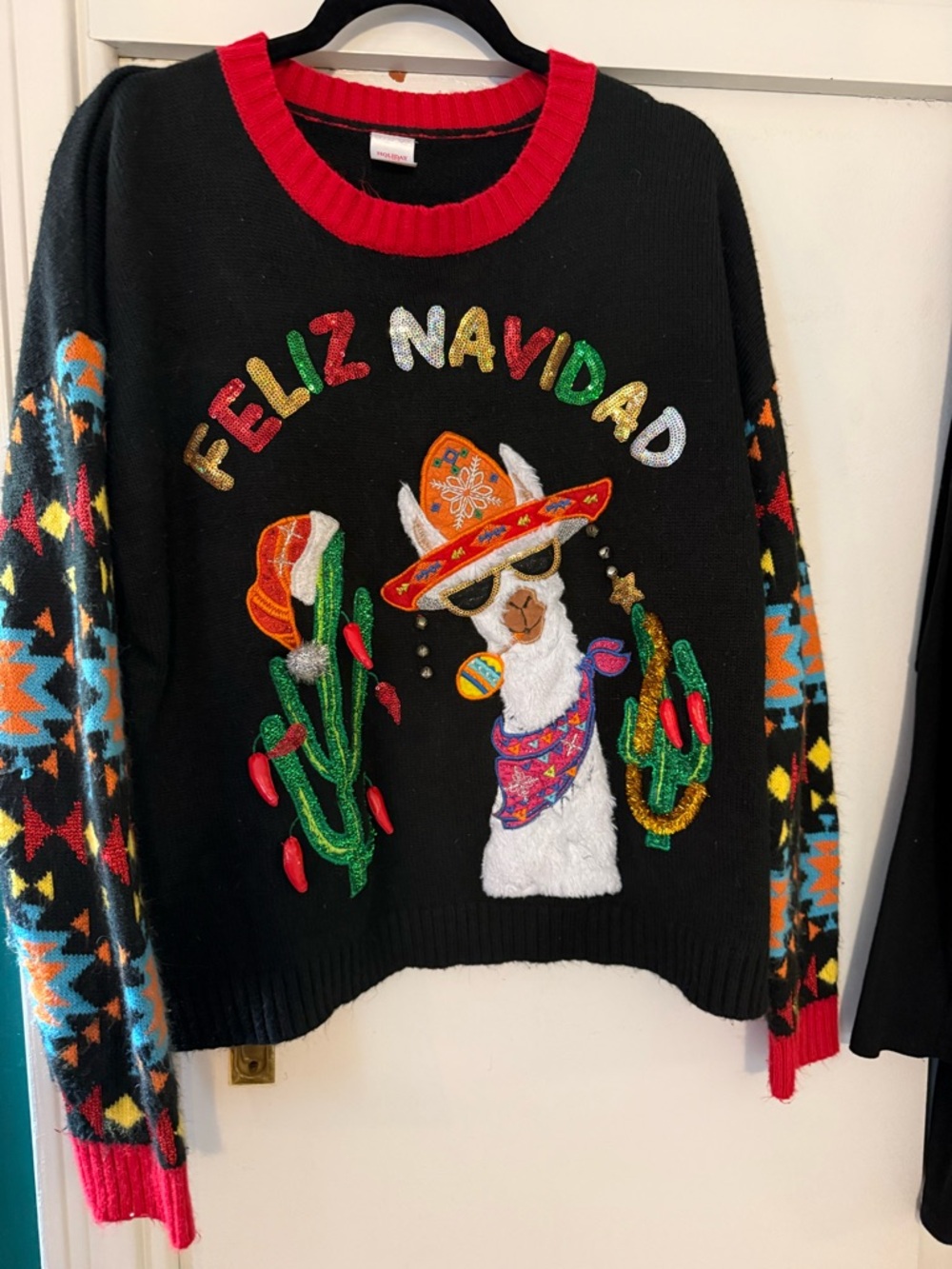 Holiday Time Black 'Feliz Navidad' Llama Sweater with Red Trim